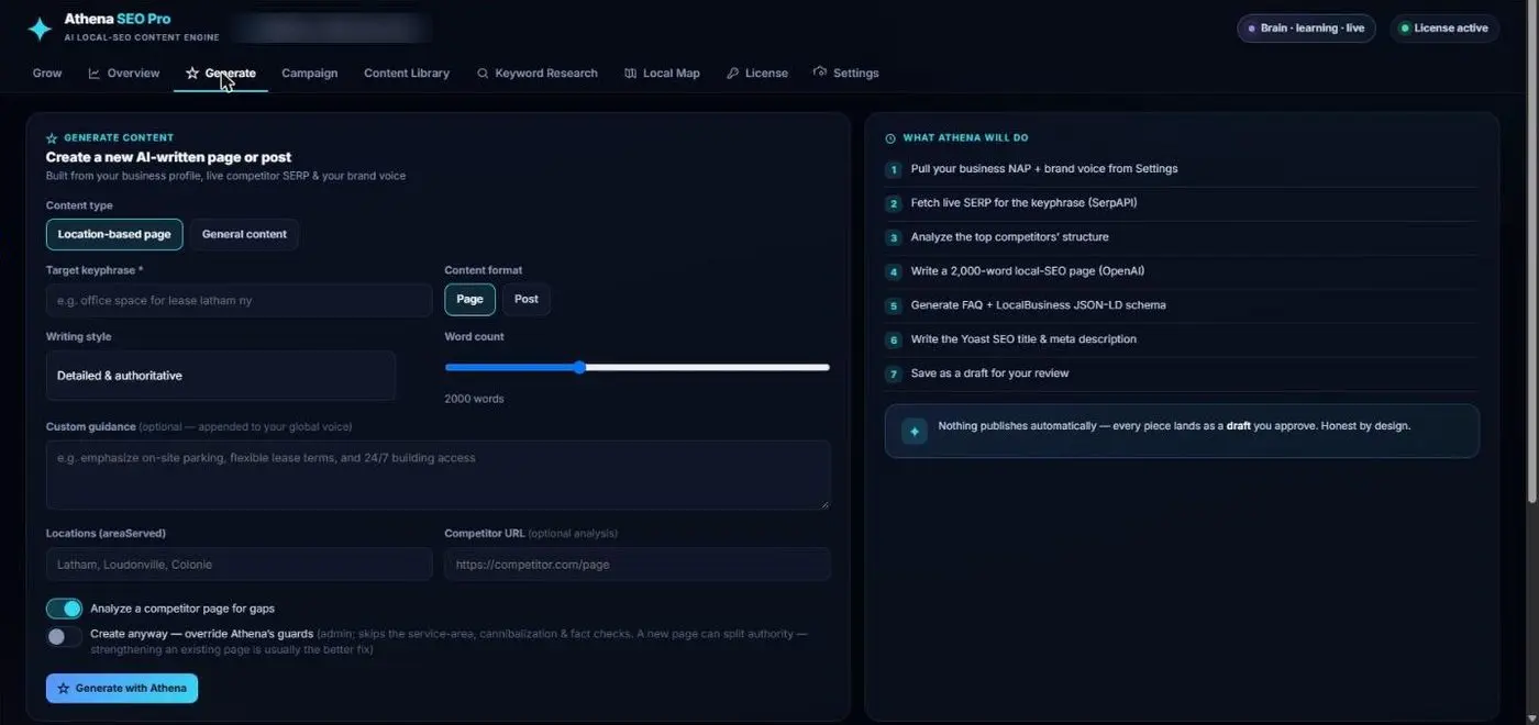 Athena SEO Pro page generator, demo data